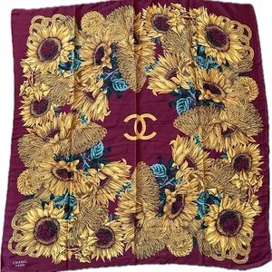 CHANEL Burgundy and Gold Sunflower Silk Scarf